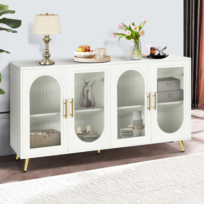Console télé 65 pouces, meuble de rangement et tablettes réglables, meuble multimédia blanc antique avec peinture laiteuse pour centre de divertissement