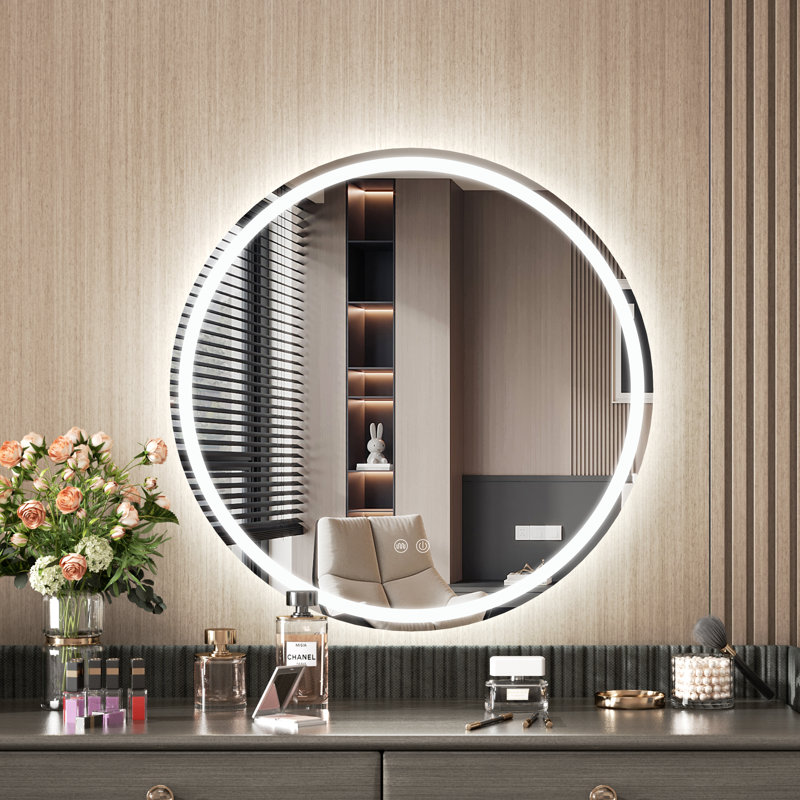 Round LED Bathroom Mirror, Anti-Fog, 3 Colors and Dimmable Light, 24" x 24"