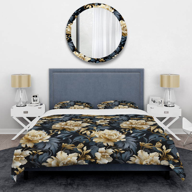 Ensemble de housse de couette luxueux en microfibre damassé noir et beige, Housse de couette simple + 1 taie décorative stan