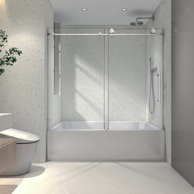 6063 Brushed Nickel Frameless One Fixed And One Shifted Shower Door,70MM 304 Stainless Steel Large Pulleys With Adjustable Soft Closing Function,With Nano Easy Cleaning,Stick Explosion-Proof Menbrance
