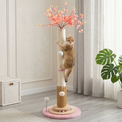 Grattoir pour chat de 45 po de hauteur, griffoir à corde en sisal de 3,5 po de diamètre avec brosse à balle et auto-toiletteuse, rose