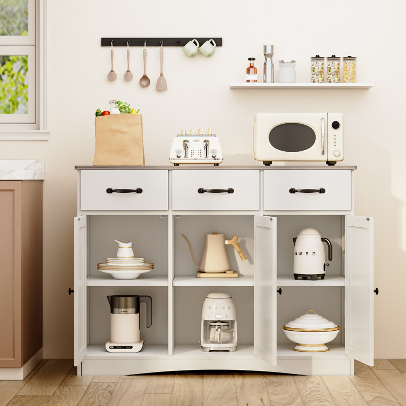 Buffet Michaila 42,5 W avec portes de garde-manger, tablettes réglables et grand tiroir, Blanc / Gris