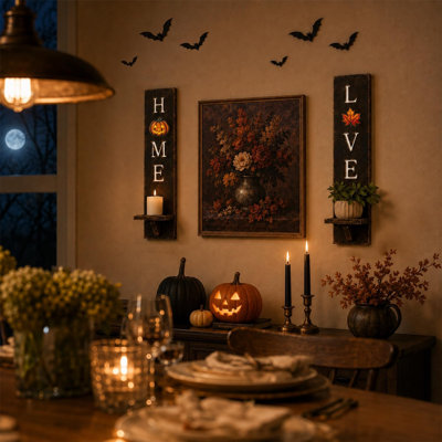 Farmhouse Wooden Wall Candle Sconce Set of 2, Distressed Dark Brown Display Shelf with 12 Magnetic Decor Accents