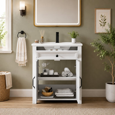 Ensemble meuble-lavabo blanc de 70,2 cm (27,66 po) avec lavabo en céramique, armoire en MDF et tiroir de rangement à couvercle rabattable