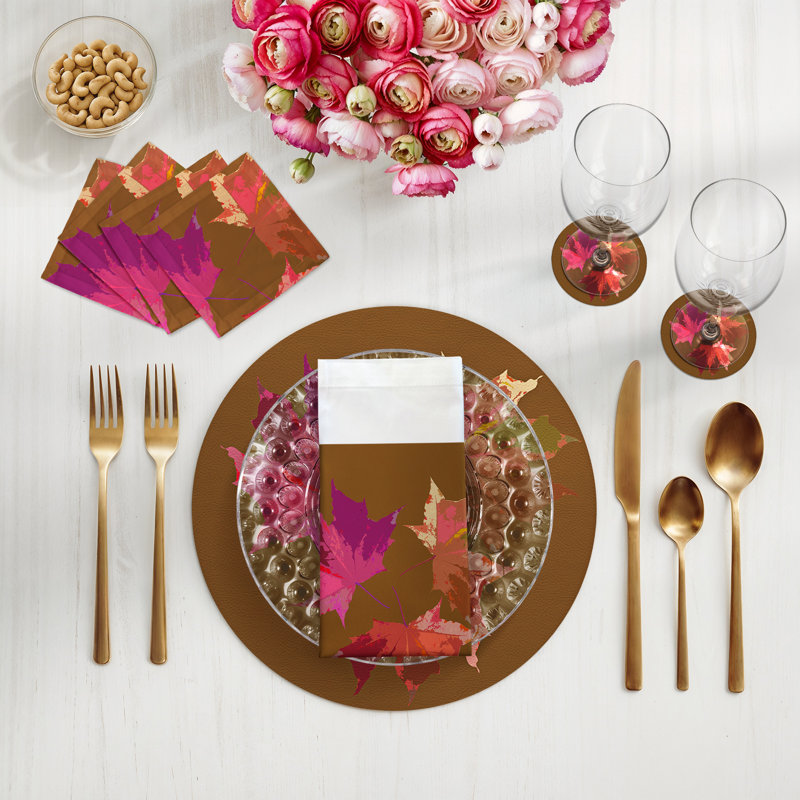 Autumn Leaves Rust Vegan Leather Round Coasters, Brown