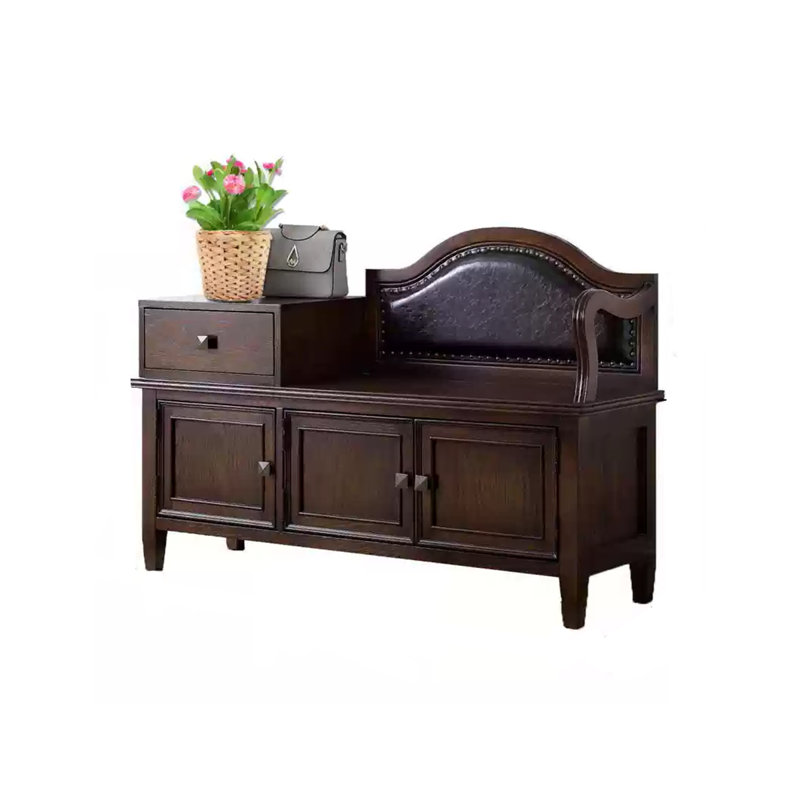 Traditional Solid Wood Shoe Storage Bench With Nailhead Trim Backrest