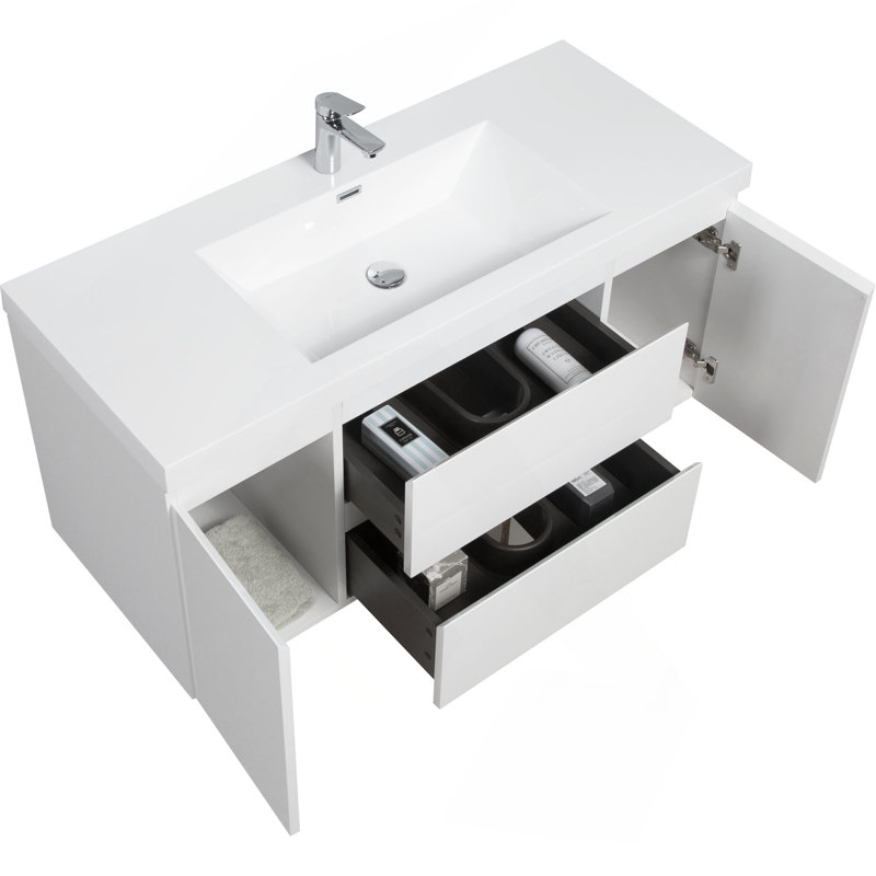 Meuble-lavabo flottant 48 po avec lavabo, meuble-lavabo mural moderne avec lavabo à surface solide et tiroirs à fermeture en douceur 48 po