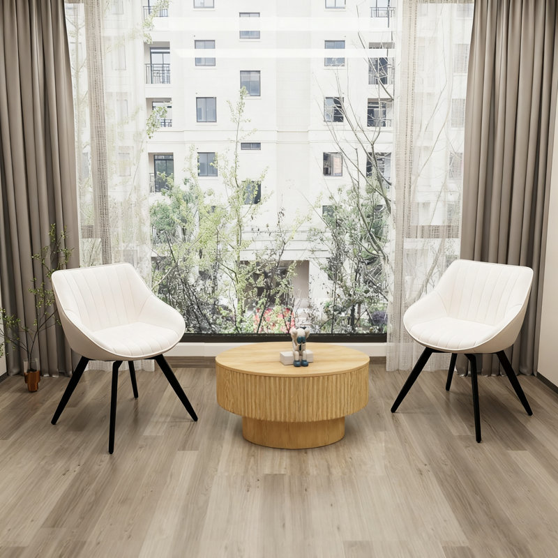 Ensemble de table basse ronde moderne en bois aggloméré de 29,53 po et de 2 chaises de salle à manger en polyuréthane, table de salle à manger à rayures et espace de rangement et chaises à pieds en métal noir, convenant à la cuisine et à la maison
