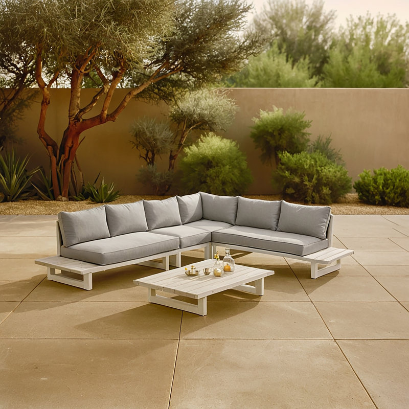 Canapé modulaire d'extérieur Hosia de 129,5 po de largeur avec coussins, Crème, gris