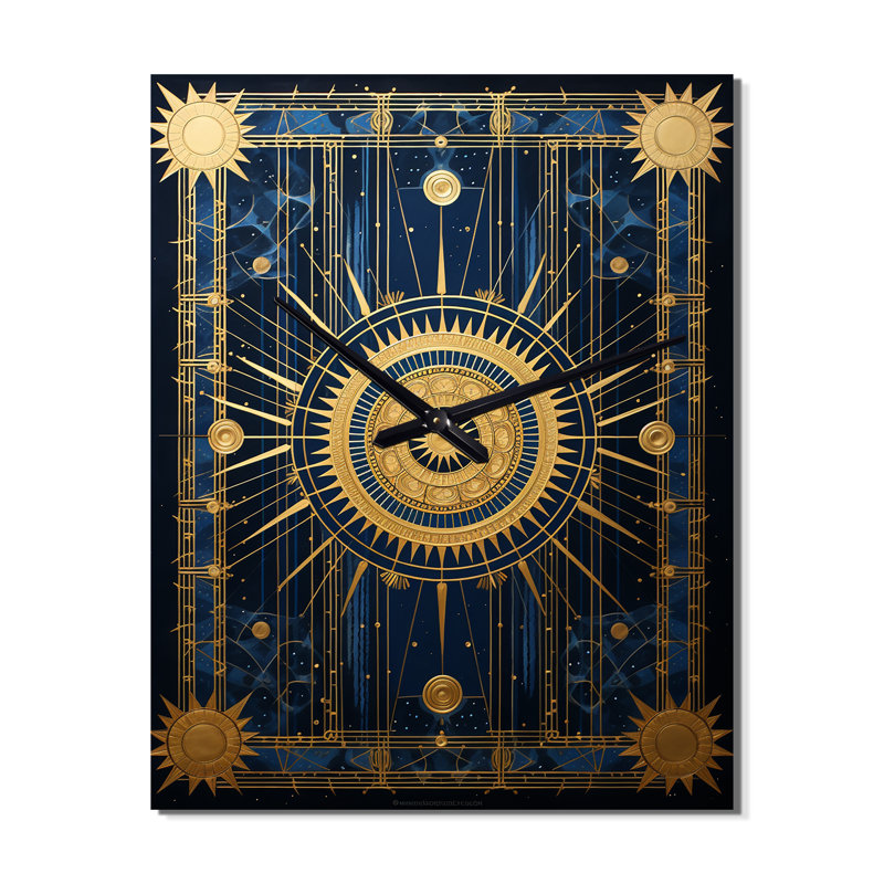 Ancienne sceau antique en or et bleu III - horloge murale rétro géométrique moderne, H 32 po x l 24 po x P 1 po