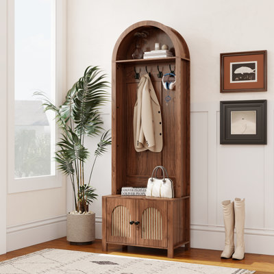 Arch Hall Tree With Bench And Shoe Storage, 4-in-1 Coat Rack With 4 Hooks And 2 Fluted Doors