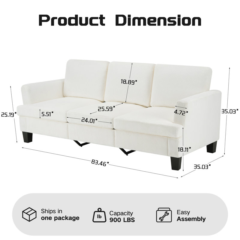 84'' Corduroy Upholstered 3-Seater Sofa Set of 2, White Corduroy