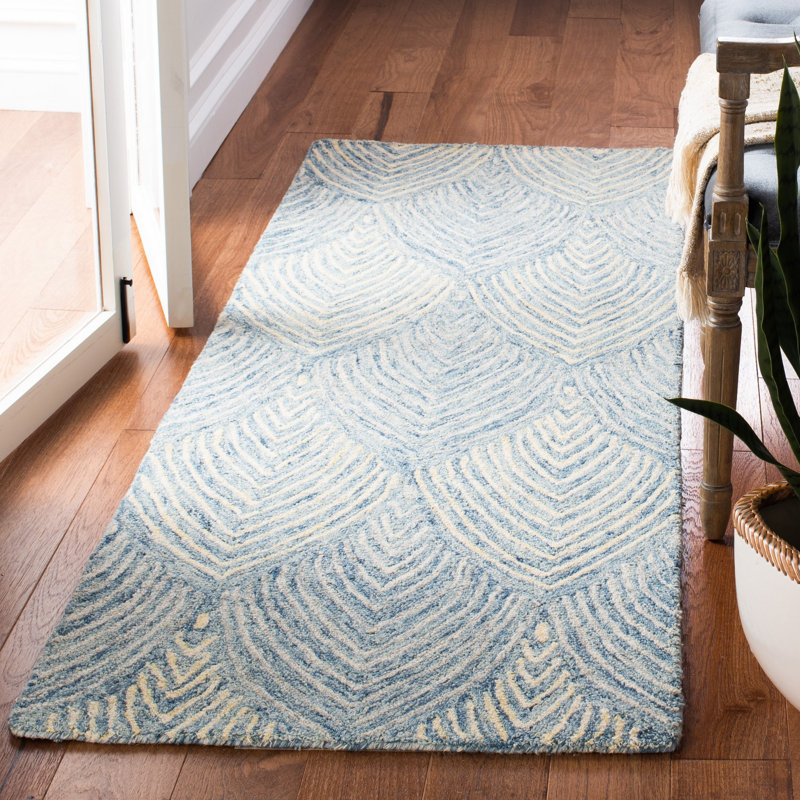 Tapis bleu / jaune en laine / coton touffeté à la main Micro-Loop, Tapis de couloir 2 pi 3 po x 7 pi