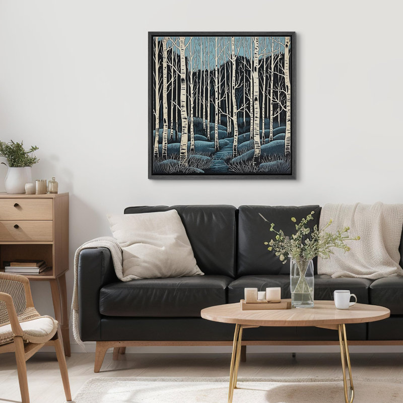 «Midnight Blue Birch Forest Silhouetted Trees Against Night Sky Modern», reproduction d'art sur toile, Noir
