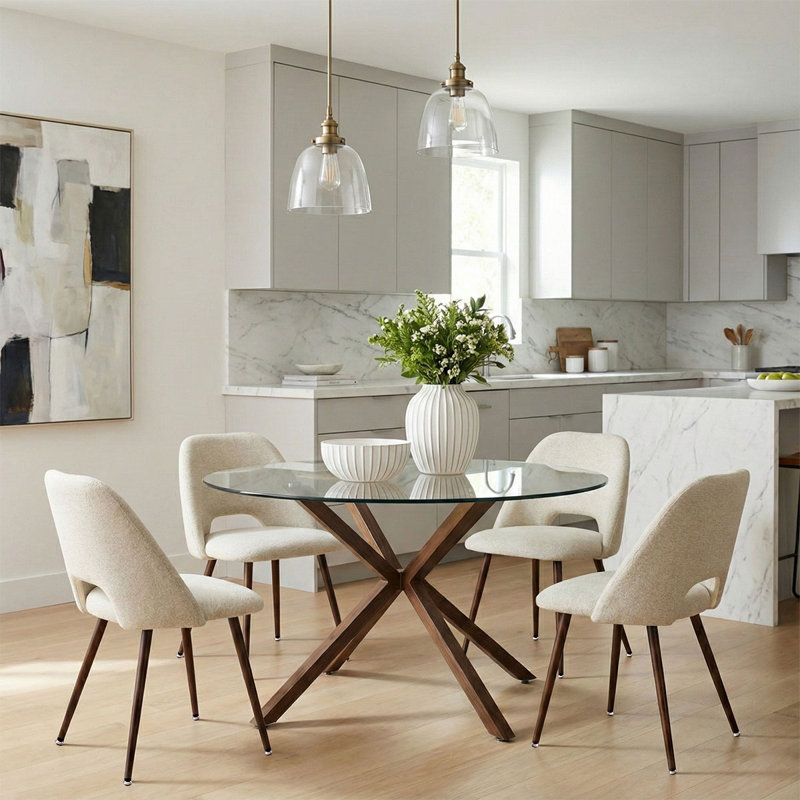 Ensemble repas 5 pièces avec table en verre trempé Aunnika, Beige