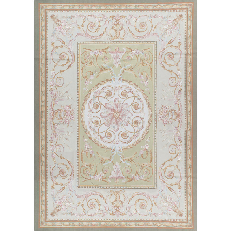 Aubusson Renaissance Wool Oriental Area Rug in Gold/Light Green/Pink, Rectangle 10'2" x 14'4"
