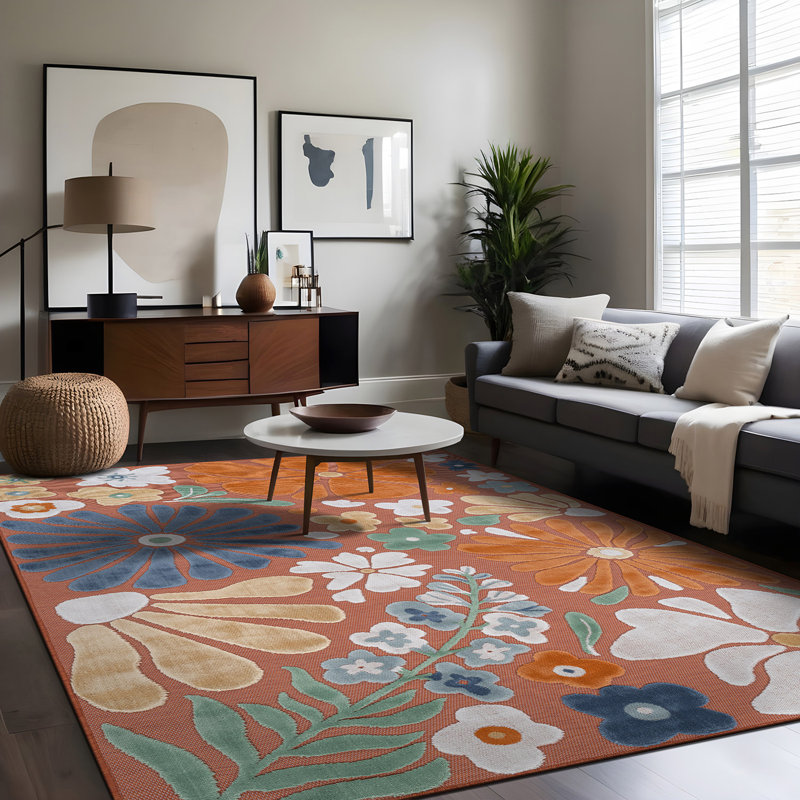 Tapis floral d'intérieur pour l'extérieur, Rectangle 8' x 10', Orange