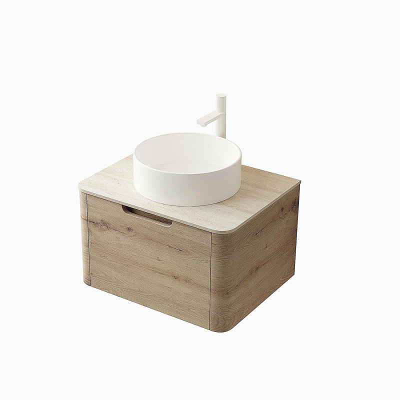 XAI 24" Bathroom Vanity with Sink, Wall-Mounted Plywood Storage Cabinet with Drawer, White Round Ceramic Basin and Roma Travertine-Pattern Sintered Stone Top, Pre-assembled, White Oak Woodgrain Color