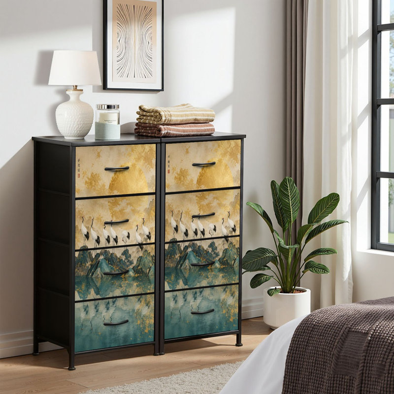 Commode 4 tiroirs pour chambre à coucher, commode étroite, plateau en bois et structure en fer 18 "x 37,5" - (lxH) - Avec grues élégantes reflétant le coucher de soleil doré