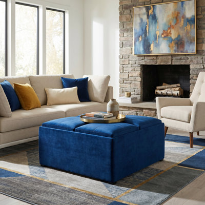 Avalon 35"W Upholstered Velvet Modern Square Coffee Table Storage Ottoman with 4 Flip-Over Trays