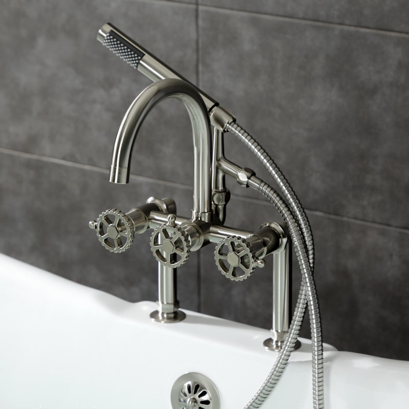 Kingston Brass Fuller Three-Handle 2-Hole Deck Mount Clawfoot Tub Faucet with Hand Shower, Gold