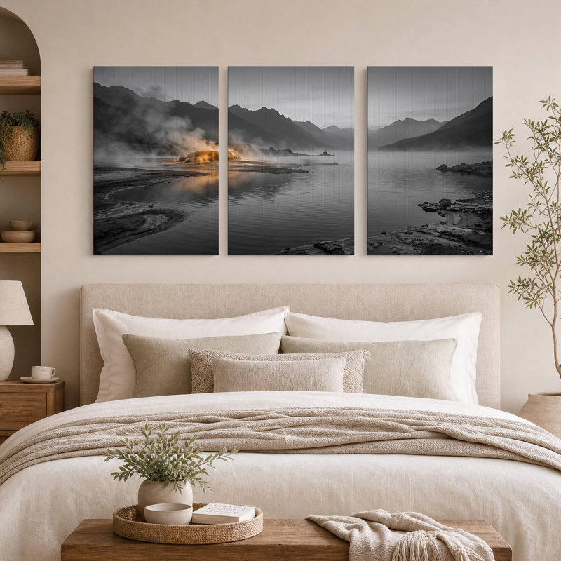 «Orange Geotheral Spring in Grayscale Mountain Lake», art mural sur toile, H 36 po x l 24 po x 3 pièces
