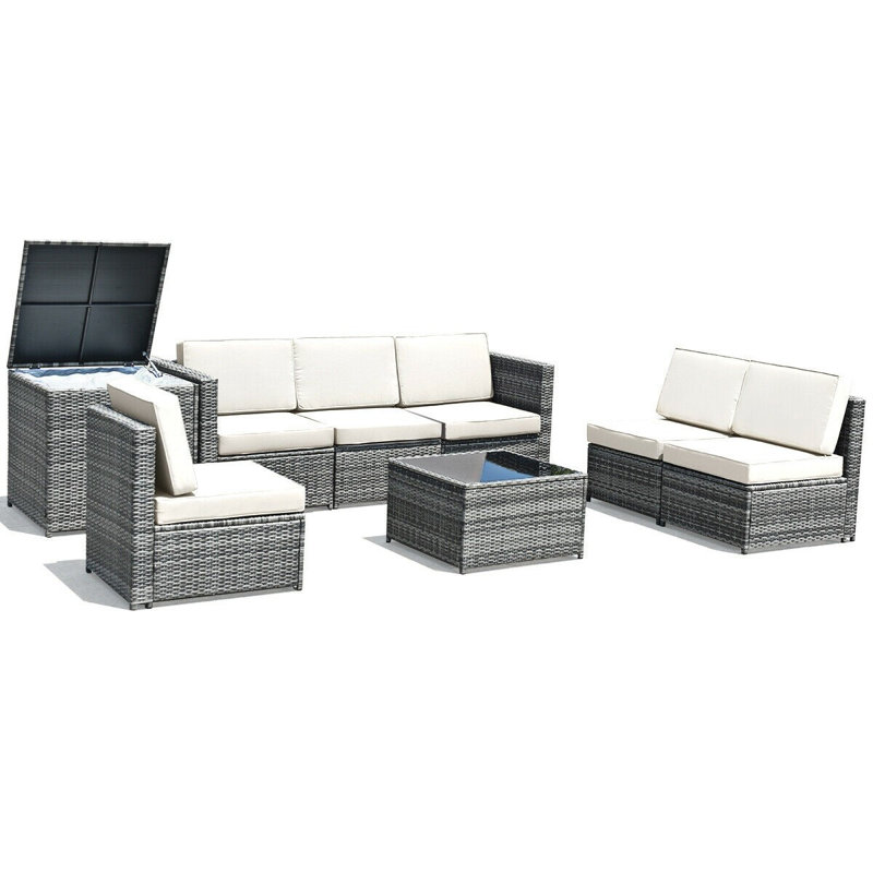 Ensemble de conversation modulaire en rotin avec coussins 8 pièces Burand, Blanc