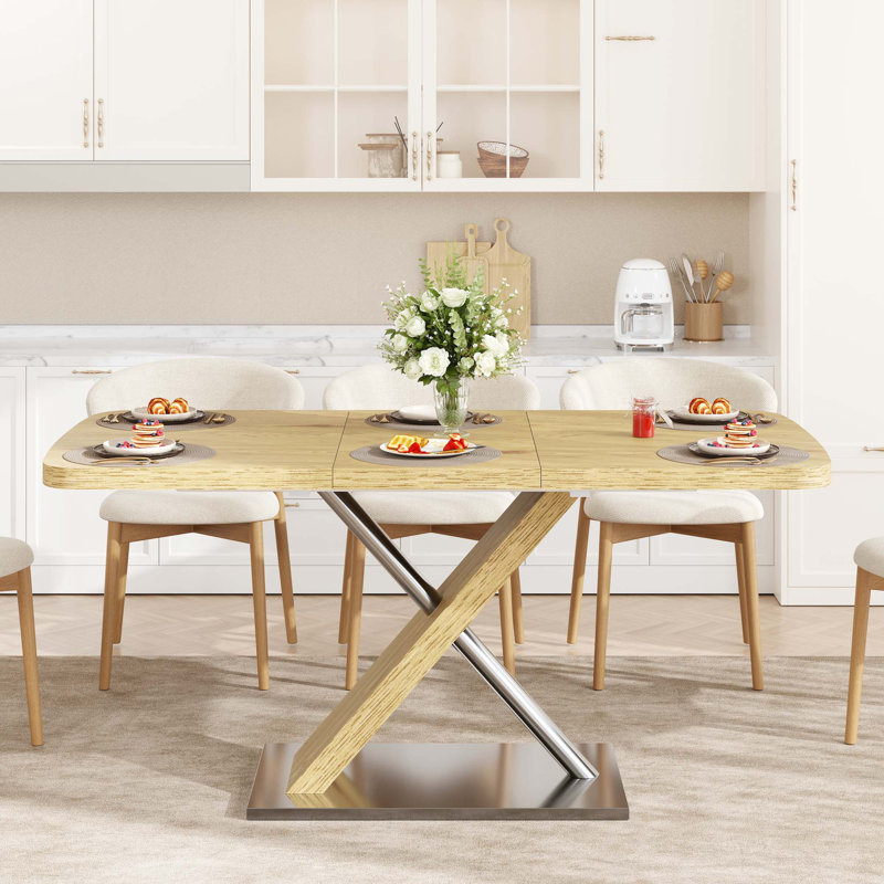 Table de salle à manger de 47,25" à 63", pour 4 à 6 personnes, plateau rétractable, piètement en métal croisé et tubes en acier inoxydable