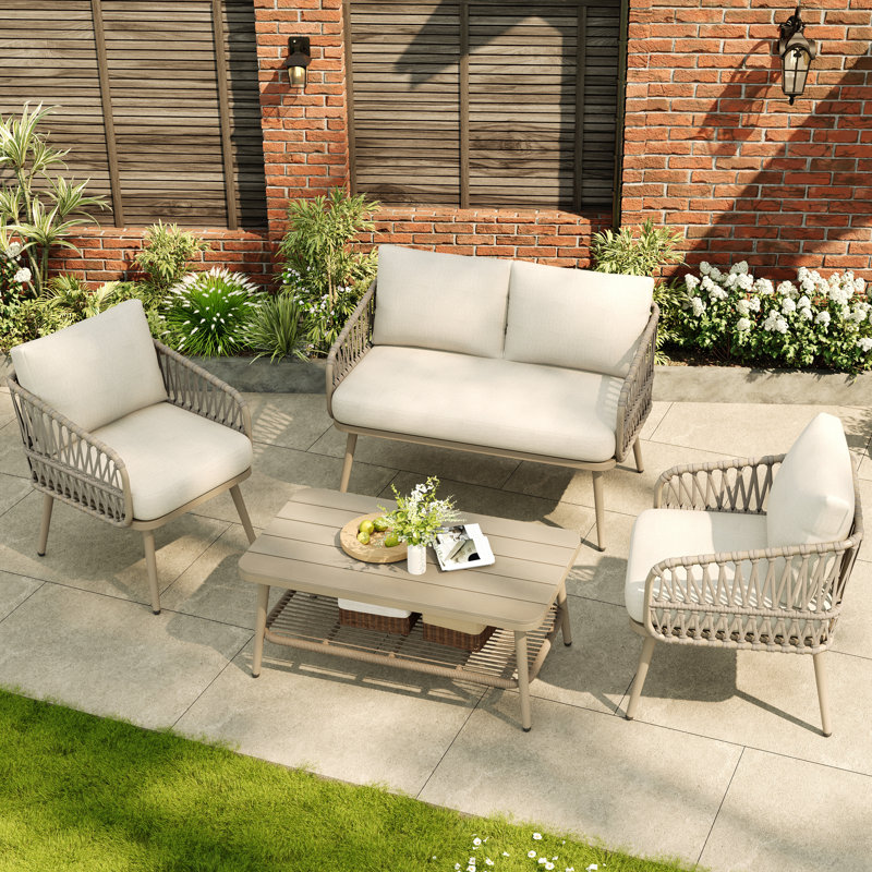 4 Seater Garden Set With Plastic Wood Storage Coffee Table, Polyester Rope Outdoor Set With Sofa & Armchairs, Weatherproof Patio Furniture For Balcony & Terrace, Linen Beige