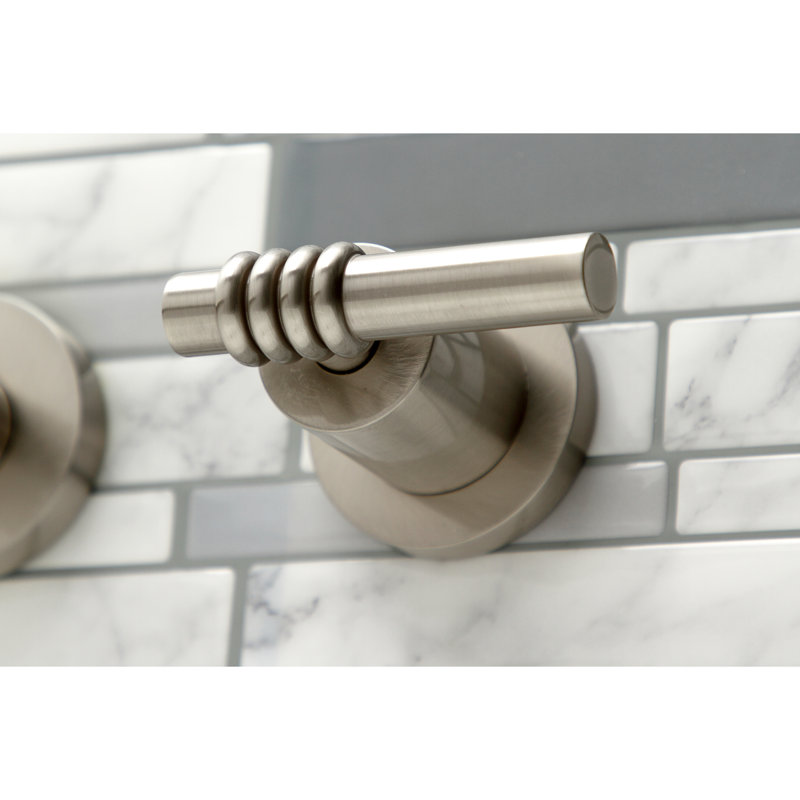 Kingston Brass Manhattan Two-Handle 3-Hole Wall Mount Roman Tub Faucet, Brushed Nickel, Ribbed Lever