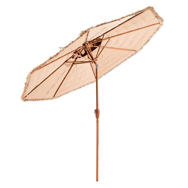 Parasol de patio 9 pi avec 2 auvent en chaume, inclinaison de 30 po, manivelle manuelle, 140 g, parasol de piscine à 8 nervures métalliques, nervures, couverture idéale pour le soleil