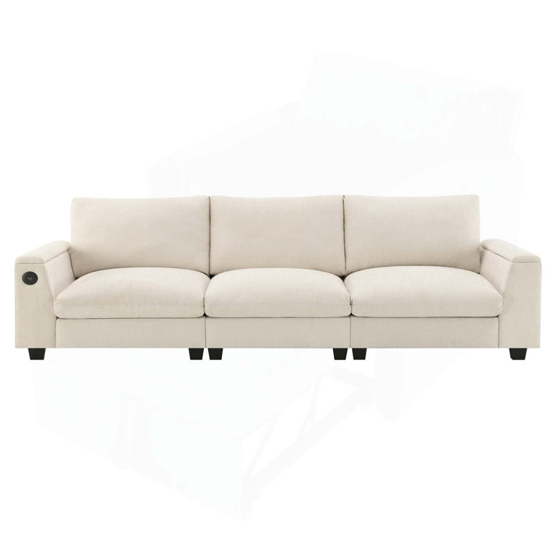 Chenille Sectional Sofa with Bluetooth Speaker,Comfy Cloud Couch Set with Drop Down Table, Beige
