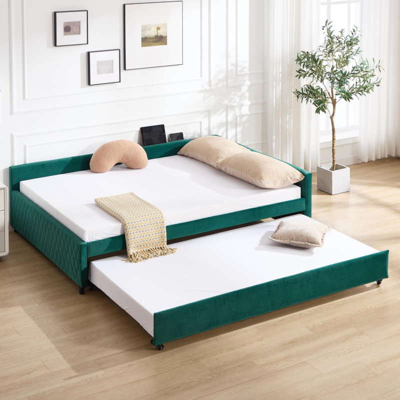 Upholstered Daybed With Trundle,Sturdy Wooden Bed Frame, Modern Diamond Grid Design,For Bedroom, Guest Room (Emerald)