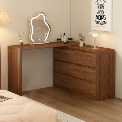 Makeup Vanity Desk with Mirror and Lights, 50-90 inch Extendable Mid Century Walnut Makeup Dresser Combo with 47 Inch 6 Drawer Dresser and L Shaped Vanity Desk, Without Stool, Brown
