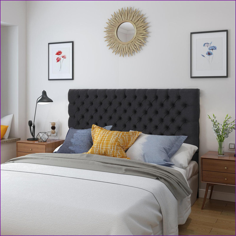 Tête de lit tapissier pour grand lit - Structure en bois massif réglable avec pieds en métal, conception moderne à boutons pour la chambre à coucher