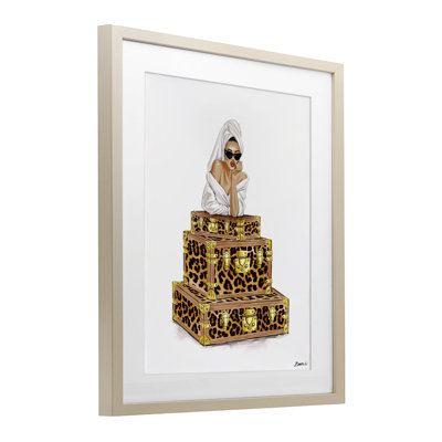 Bathrobe Female & Suitcases Framed Print Under Glass, design by Ziwei Li