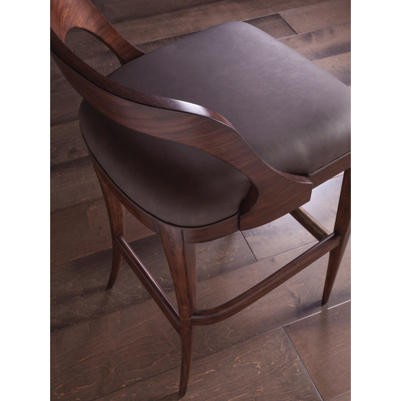 Walnut Finish Traditional Low Back Bar Stool in Brown Leather