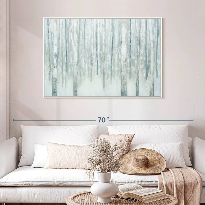 Bouleaux en bleu-gris d'hiver, Cadre flottant blanc, 46 po x 31 po