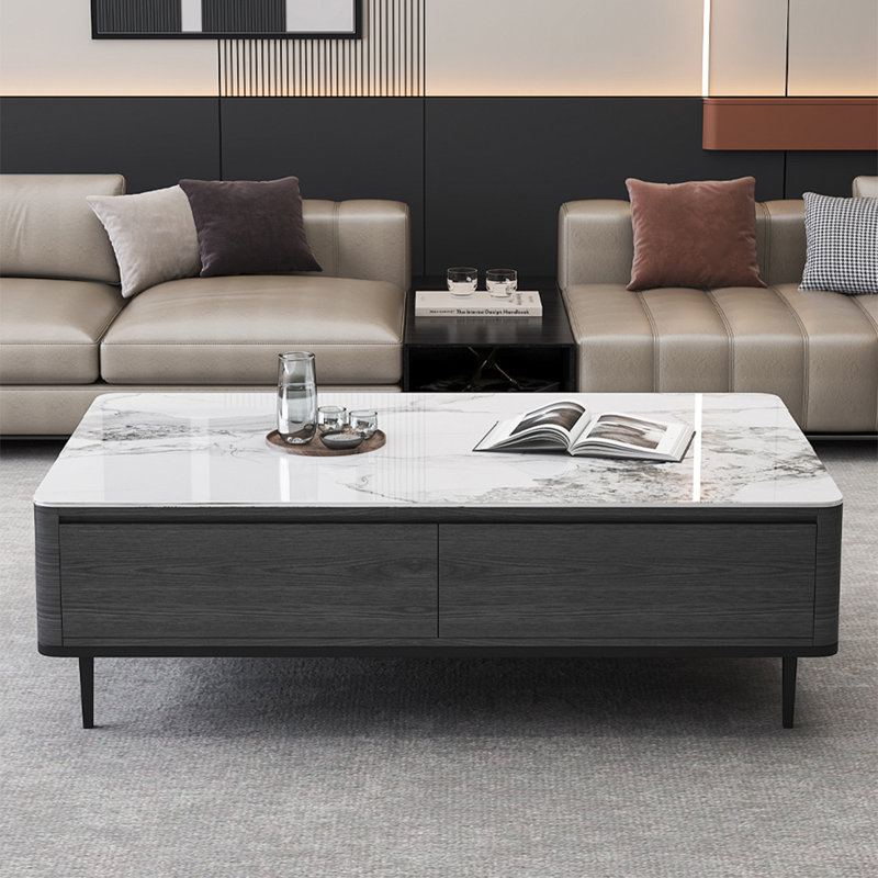 Table basse rectangulaire en granit de style luxueux, Blanc / Gris, H 16,5 po x L 59,1 po x l 33,5 po
