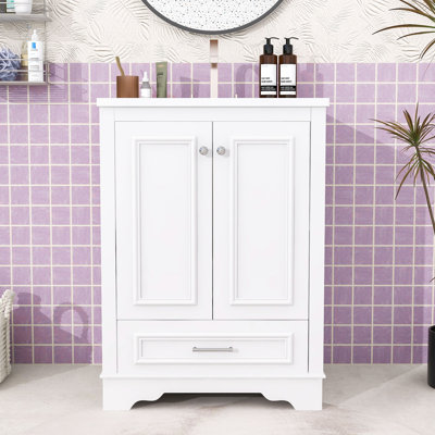 Meuble-lavabo moderne avec lavabo en céramique, tiroir, tablettes réglables et armoire à fermeture en douceur