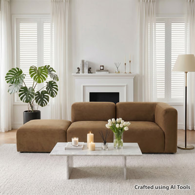 Canapé d'angle modulaire en velours performant avec pouf, canapé deux places pour appartements et petits espaces de vie