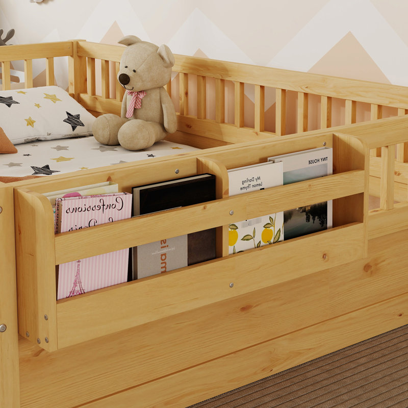 Lit à plancher double naturel, rails hauts, lit en bois avec tablette à DEL et de rangement, améliore le sommeil, le rangement et l'espace sécuritaire confortable