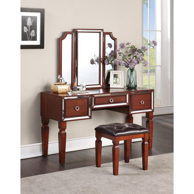 Traditional Style Bedroom Vanity With Stool - Cherry Color, 3 Storage, Tri Mirror, Fine Workmanship Luxury Finish