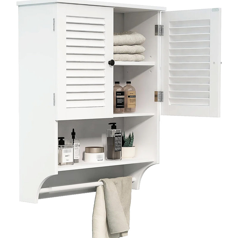 Armoire de salle de bain blanche avec portes à persiennes, tablettes réglables pour les articles quotidiens, tablette ouverte et barre à serviettes, fabriquée dans des conditions humides de haute qualité, tablettes intérieures élégantes de 23,55 po de profondeur, fabriquée en