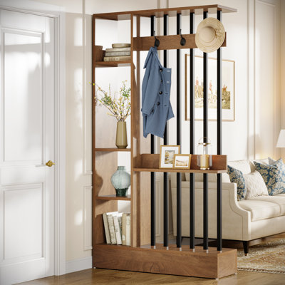 Wood Freestanding Wall Room Divider Bookcase with Shelves & Coat Hooks, 71" Modern Wall Partition for Home & Office Decorative, Brown