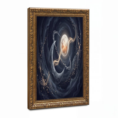 Crescent Moon And Glowing Orb With Broken Rings Canvas Wall Art