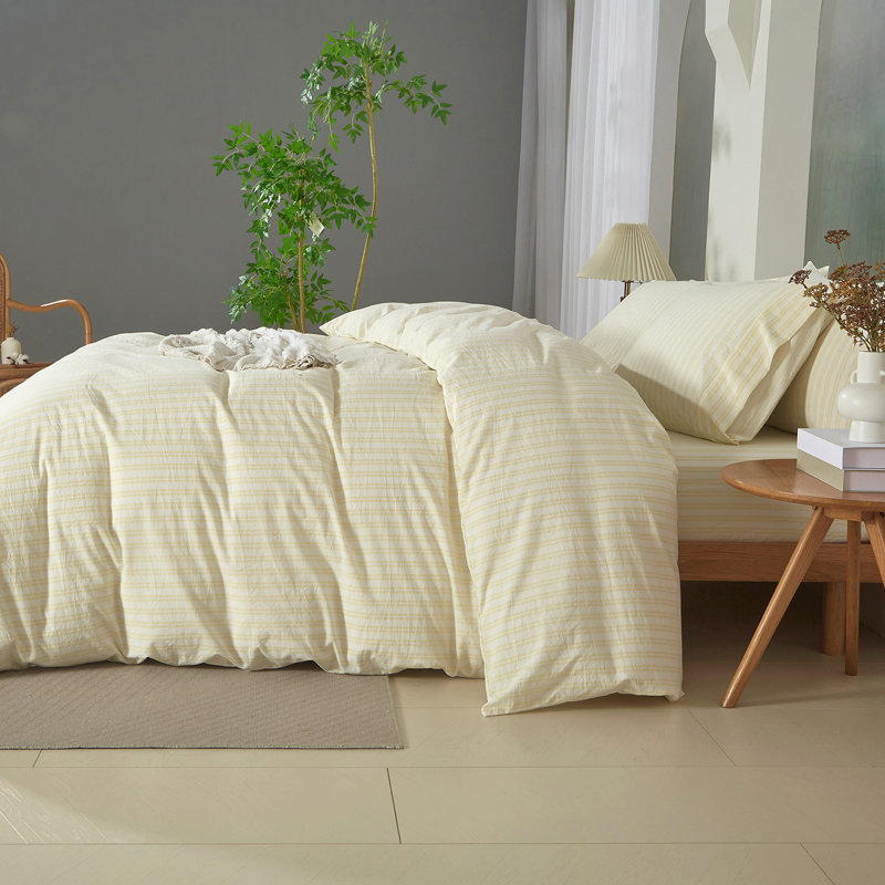 Ensemble de housse de couette rayée 100% coton délavé 3 pièces, White/Yellow, King Duvet Cover + 2 Pillowcases