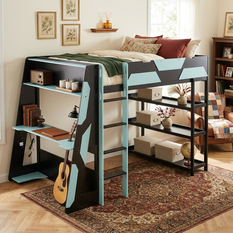 Lit mezzanine double avec bureau et lumière DEL, cadre de lit mezzanine bas avec station de charge intégrée et tablettes de rangement, lit en bois moderne avec échelle pour enfants, adolescents, adultes, sans sommier