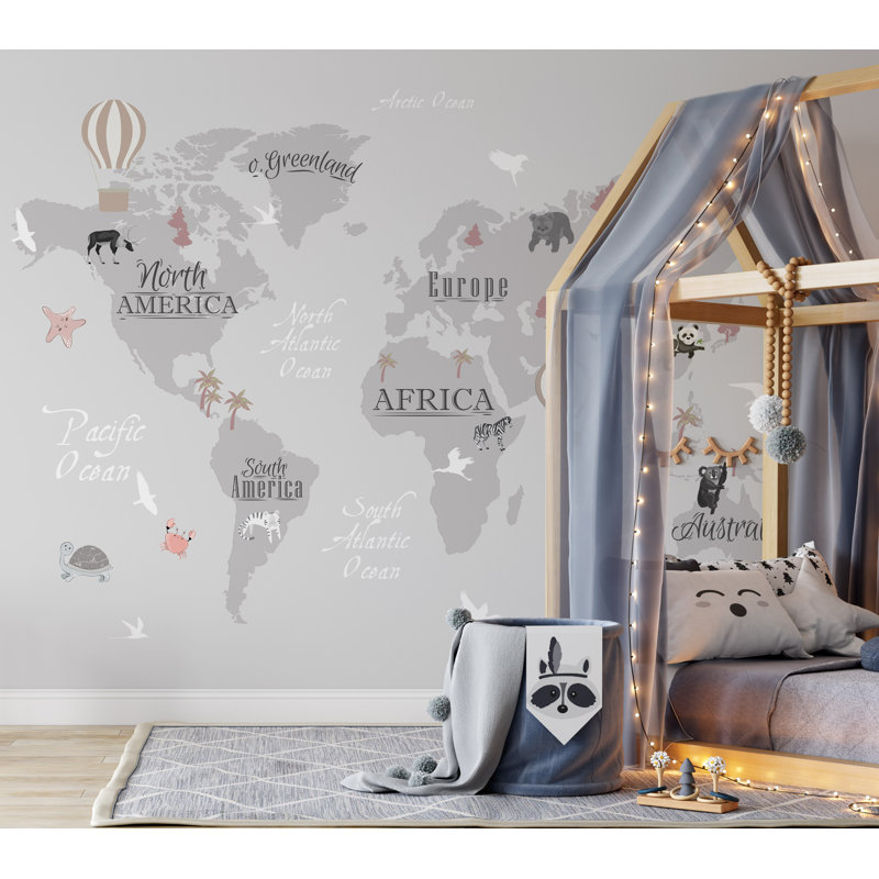 Kids World Map Gray Background Wallpaper, 94.92" L x 143" W