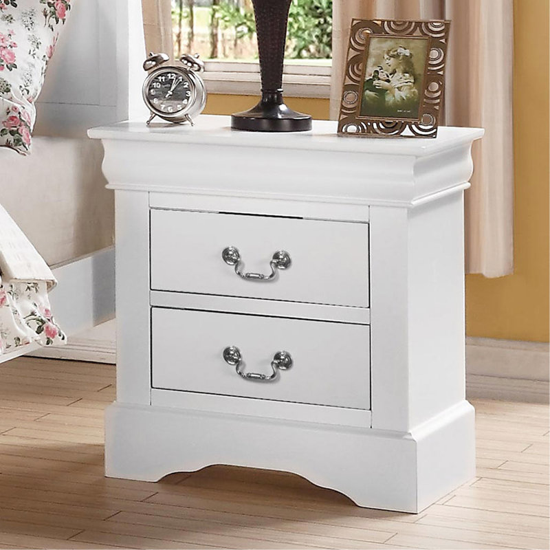 Table de chevet 2 tiroirs en pin massif au fini blanc, Blanc